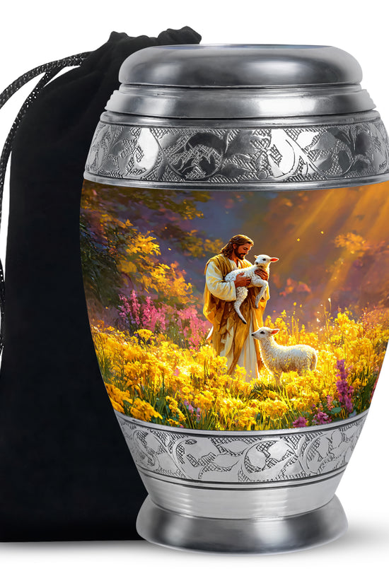 Jesus Holding Lamb Memorial Urn - Religious Cremation Urn For Human Ashes