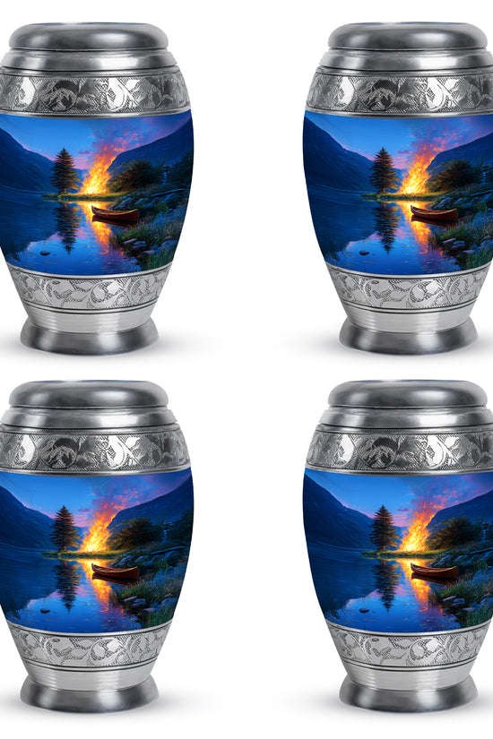 Slate Blue Campfire Cremation Urn urn with complimentary velvet bag - regal campfire design with crown-inspired accents - 10 inch aluminum urn for cremated remains