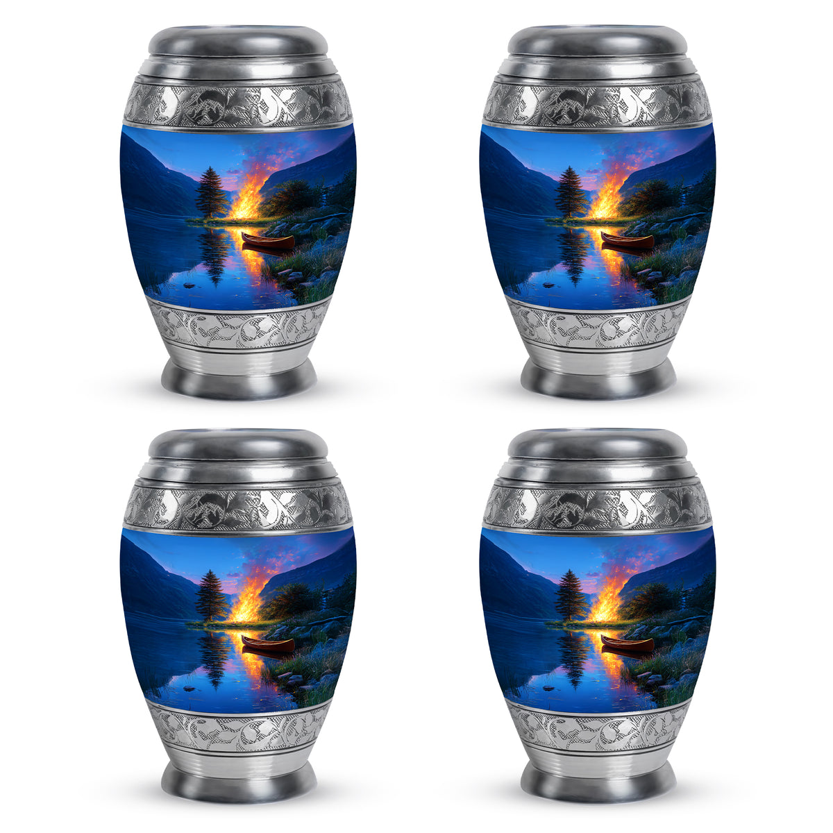 Slate Blue Campfire Cremation Urn urn with complimentary velvet bag - regal campfire design with crown-inspired accents - 10 inch aluminum urn for cremated remains