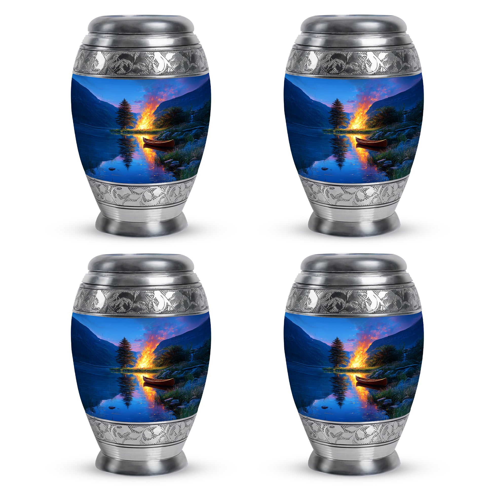 Slate Blue Campfire Cremation Urn urn with complimentary velvet bag - regal campfire design with crown-inspired accents - 10 inch aluminum urn for cremated remains