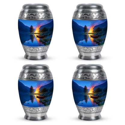 Slate Blue Campfire Cremation Urn urn with complimentary velvet bag - regal campfire design with crown-inspired accents - 10 inch aluminum urn for cremated remains