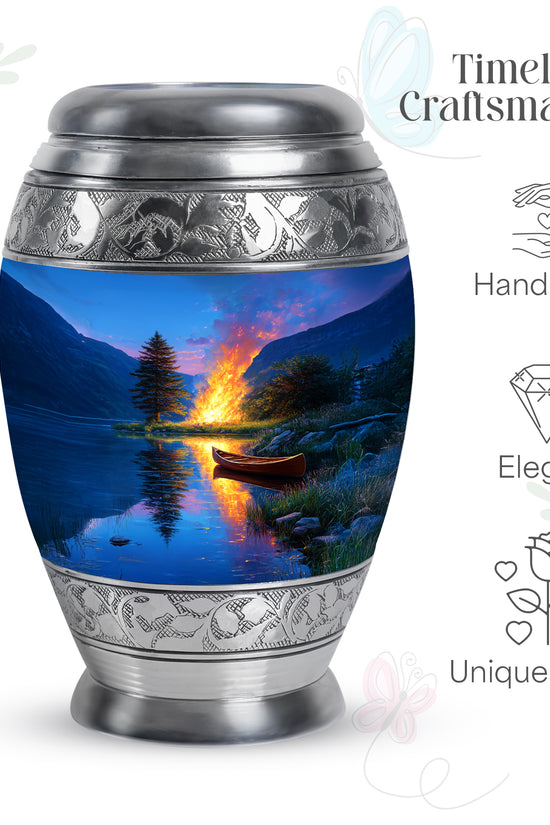 Soft Blue Campfire Cremation Urn lifestyle display on memorial shelf - majestic campfire pattern with filigree border - mini keepsake memorial for portion of cremation ashes