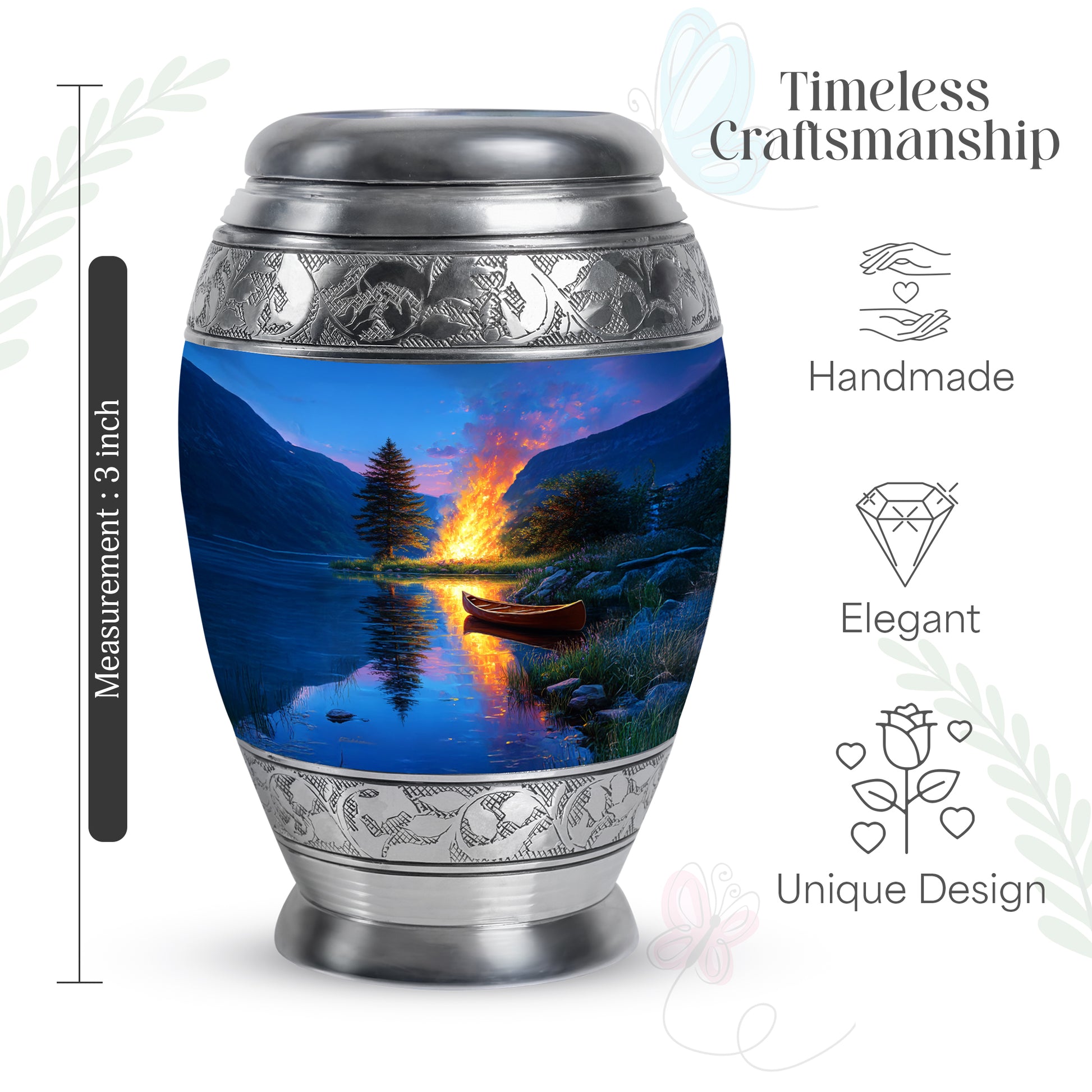 Soft Blue Campfire Cremation Urn lifestyle display on memorial shelf - majestic campfire pattern with filigree border - mini keepsake memorial for portion of cremation ashes