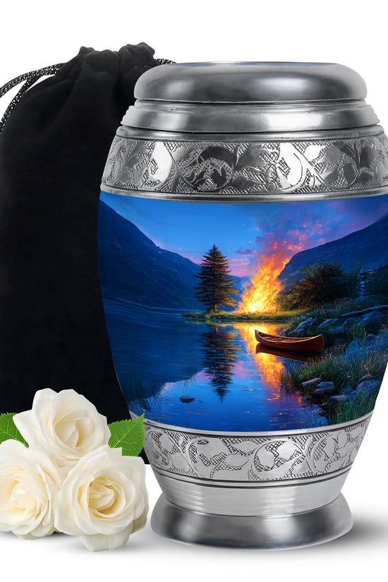 Navy Blue Campfire Cremation Urn back view with polished surface - ornate monarch-style campfire relief on brushed aluminum - full-size 10 inch 200 cubic inch adult cremation urn