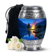 Navy Blue Campfire Cremation Urn back view with polished surface - ornate monarch-style campfire relief on brushed aluminum - full-size 10 inch 200 cubic inch adult cremation urn