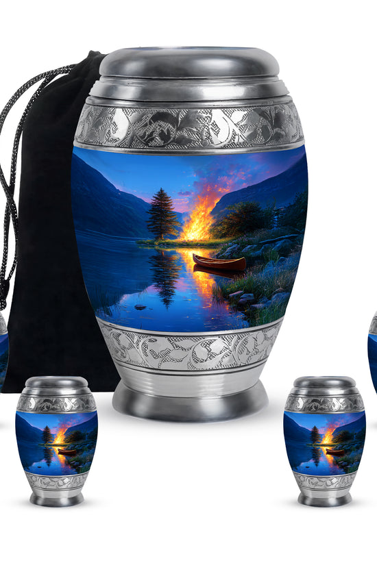 Icy Blue Campfire Cremation Urn detail view - regal campfire design with crown-inspired accents - memorial set with one large and four small urns