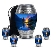 Icy Blue Campfire Cremation Urn detail view - regal campfire design with crown-inspired accents - memorial set with one large and four small urns