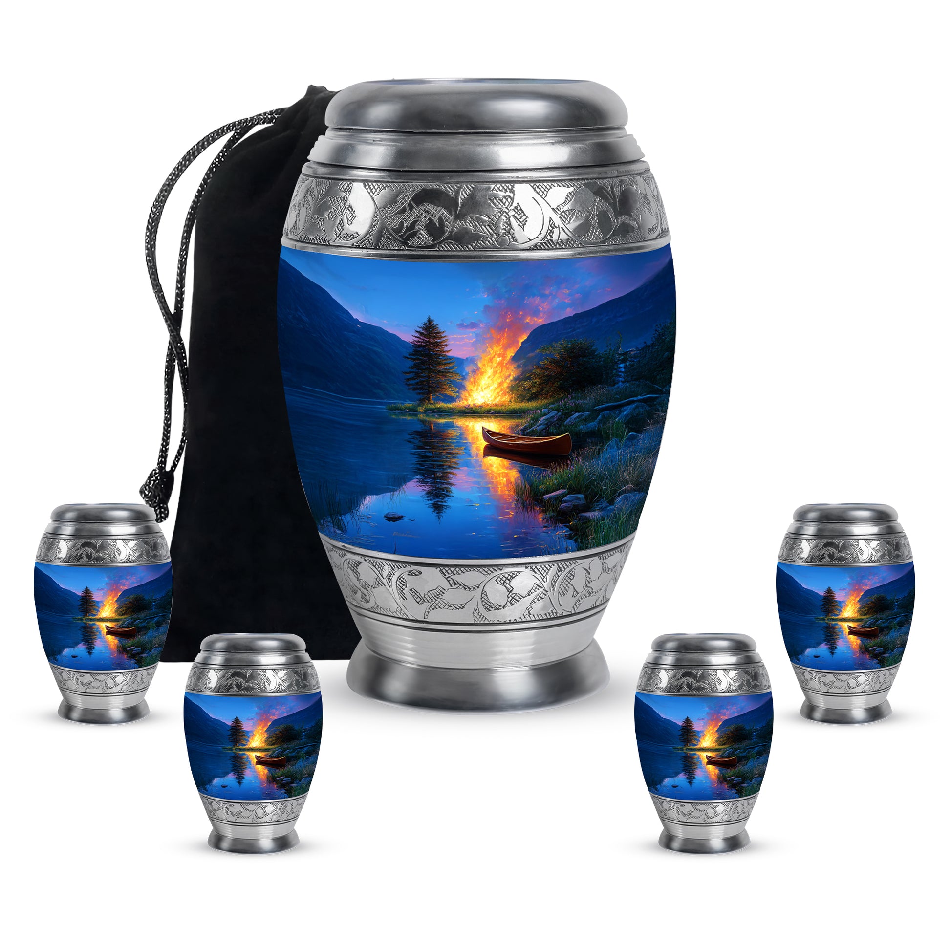 Icy Blue Campfire Cremation Urn detail view - regal campfire design with crown-inspired accents - memorial set with one large and four small urns