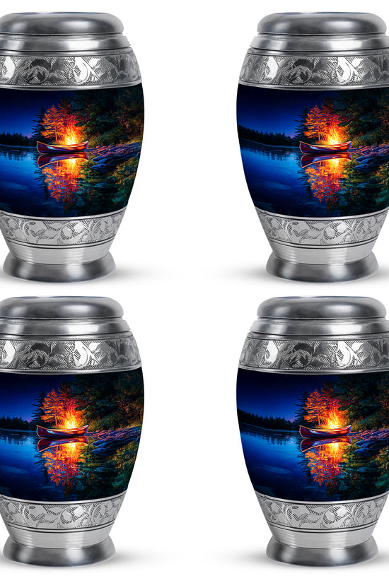 Cornflower Blue Campfire Cremation Urn urn with complimentary velvet bag - royal campfire engraving with decorative scrollwork - 10 inch aluminum urn for cremated remains