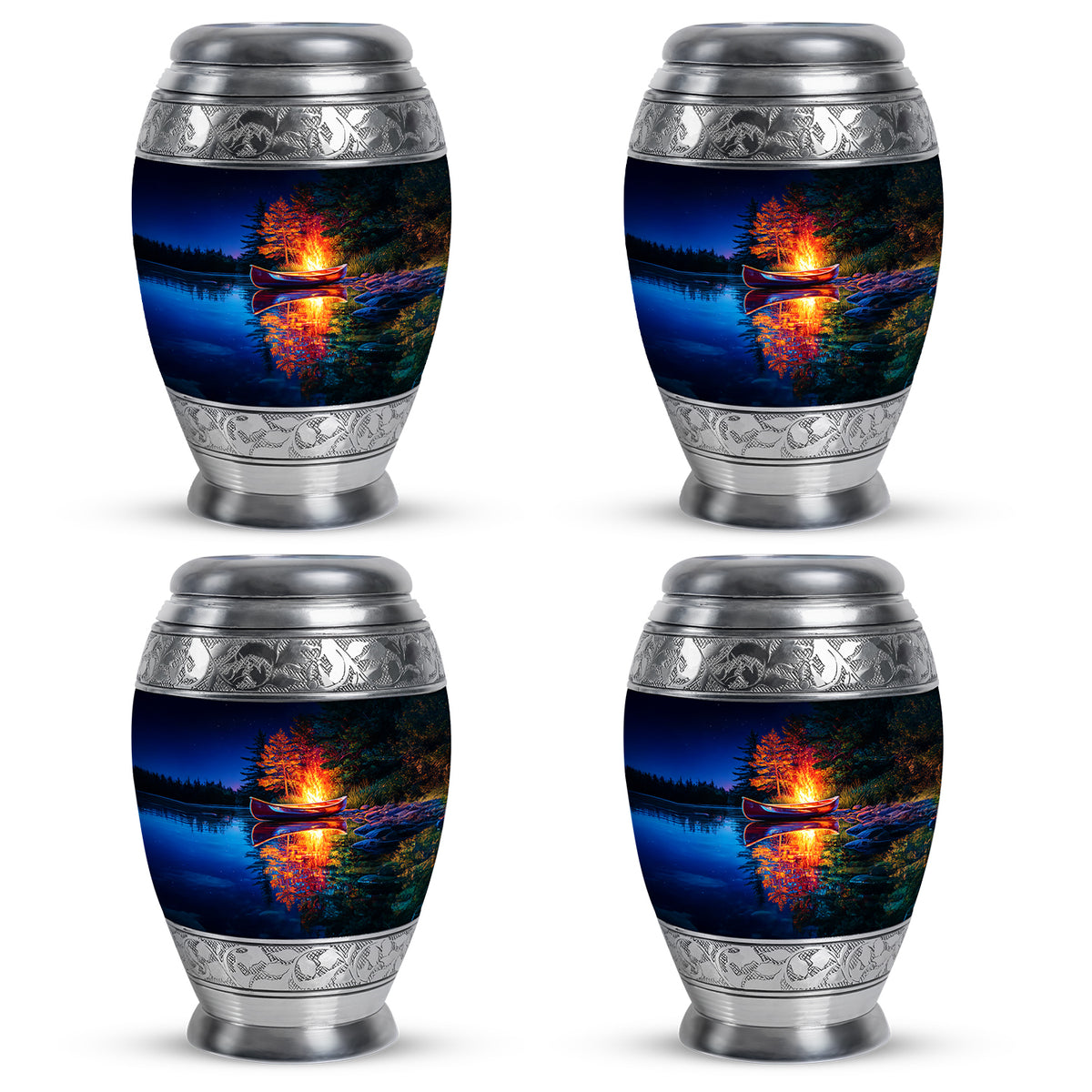 Cornflower Blue Campfire Cremation Urn urn with complimentary velvet bag - royal campfire engraving with decorative scrollwork - 10 inch aluminum urn for cremated remains
