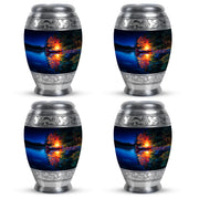 Cornflower Blue Campfire Cremation Urn urn with complimentary velvet bag - royal campfire engraving with decorative scrollwork - 10 inch aluminum urn for cremated remains
