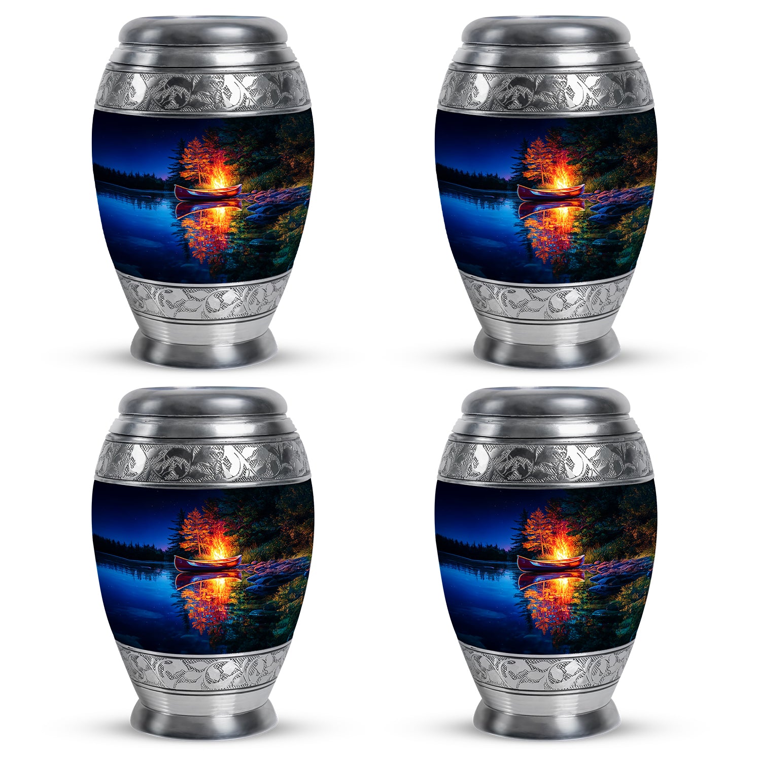 Cornflower Blue Campfire Cremation Urn urn with complimentary velvet bag - royal campfire engraving with decorative scrollwork - 10 inch aluminum urn for cremated remains