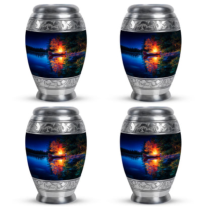 Cornflower Blue Campfire Cremation Urn urn with complimentary velvet bag - royal campfire engraving with decorative scrollwork - 10 inch aluminum urn for cremated remains