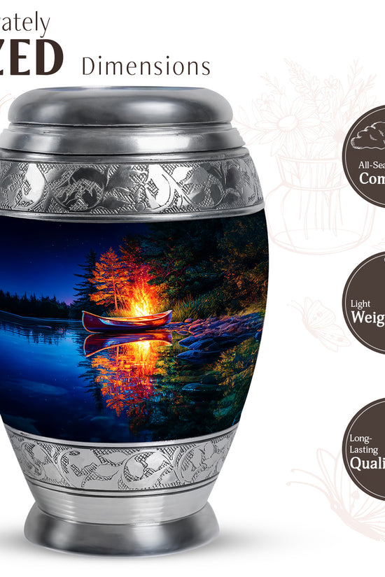 Azure Campfire Cremation Urn lifestyle display on memorial shelf - ornate monarch-style campfire relief on brushed aluminum - mini keepsake memorial for portion of cremation ashes