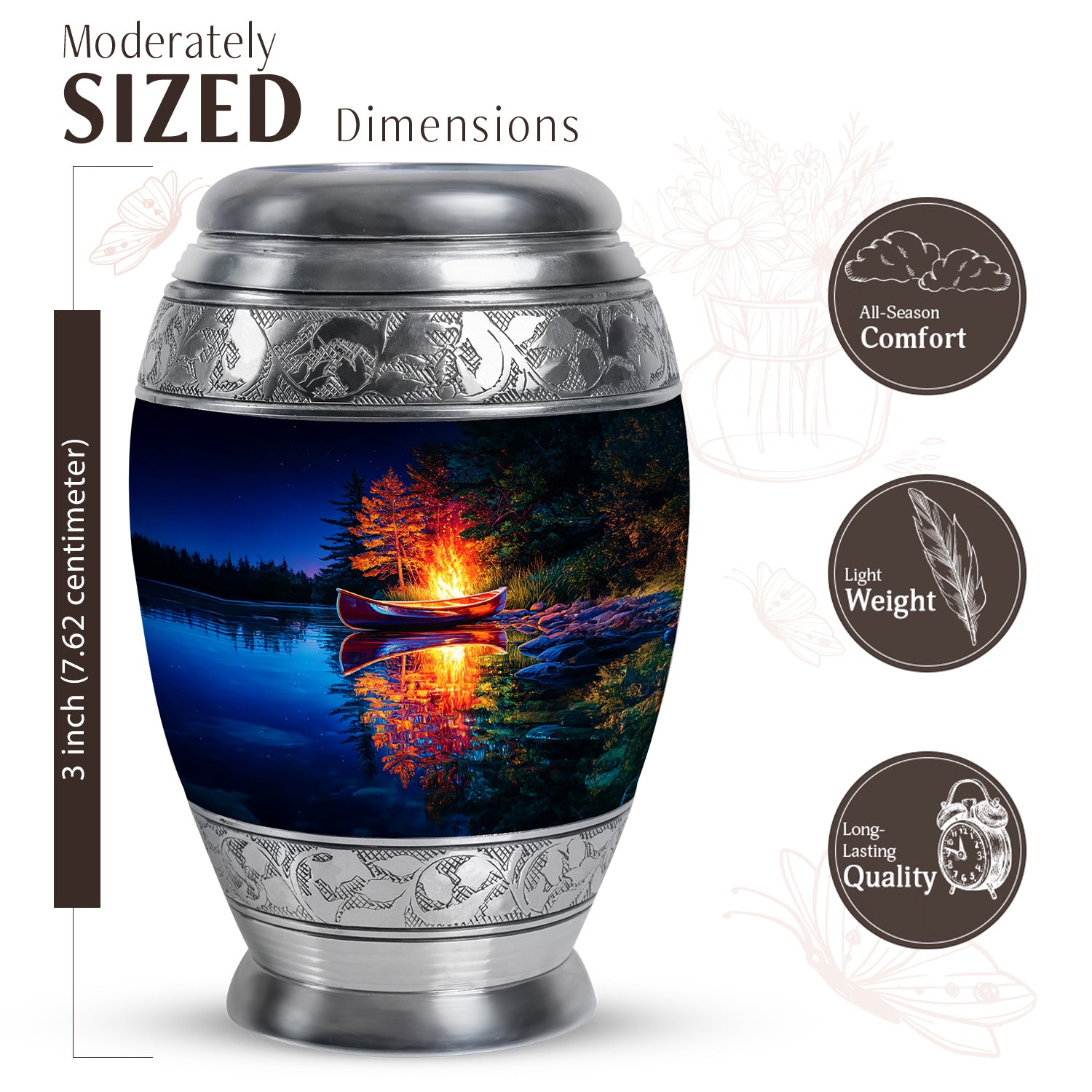 Azure Campfire Cremation Urn lifestyle display on memorial shelf - ornate monarch-style campfire relief on brushed aluminum - mini keepsake memorial for portion of cremation ashes