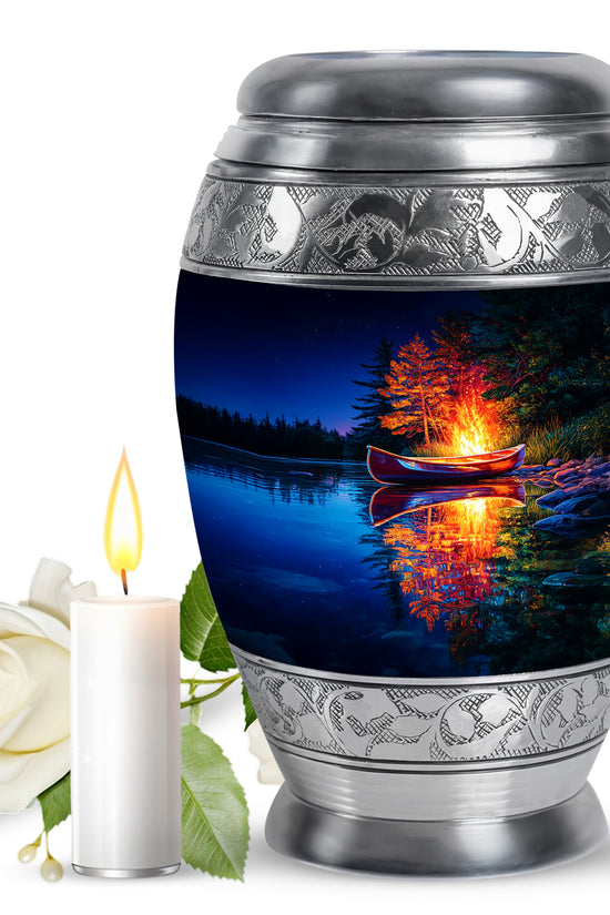 Steel Blue Campfire Cremation Urn back view with polished surface - royal campfire engraving with decorative scrollwork - full-size 10 inch 200 cubic inch adult cremation urn