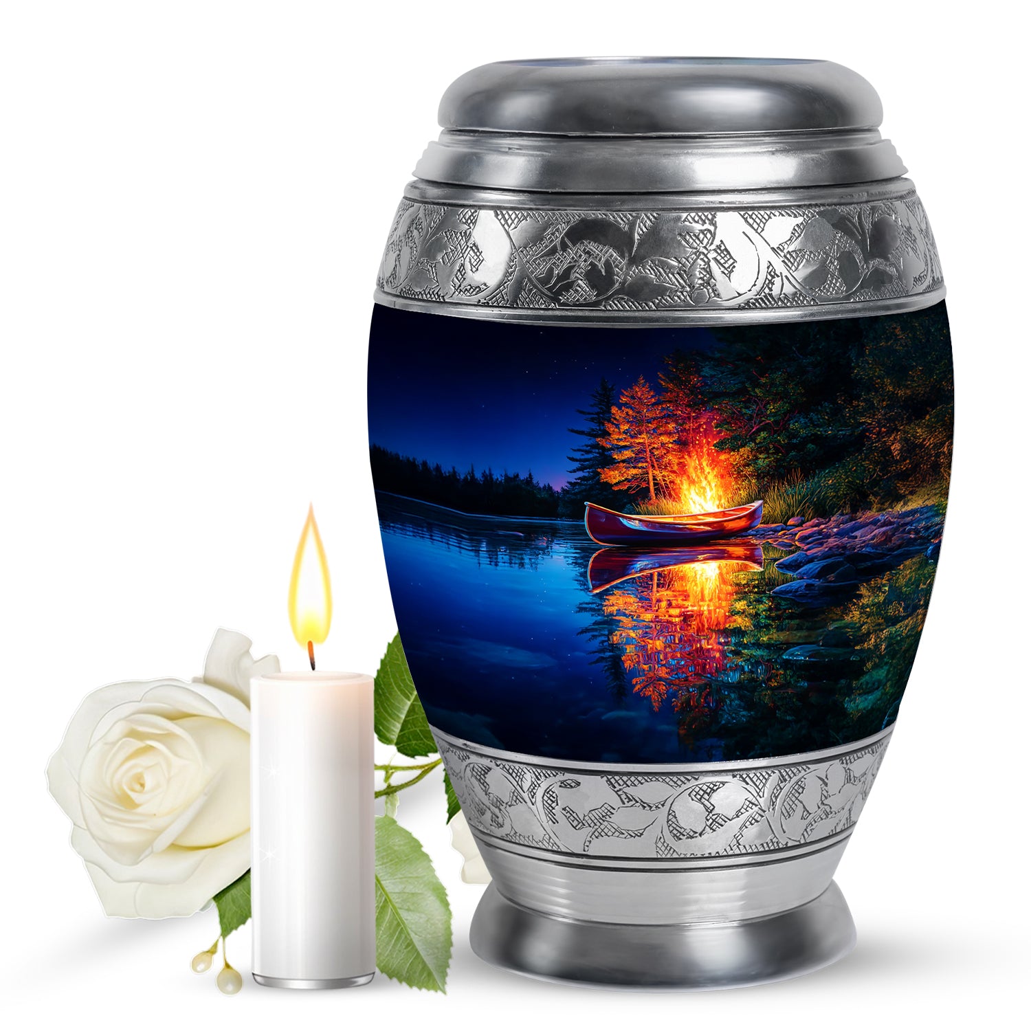 Steel Blue Campfire Cremation Urn back view with polished surface - royal campfire engraving with decorative scrollwork - full-size 10 inch 200 cubic inch adult cremation urn