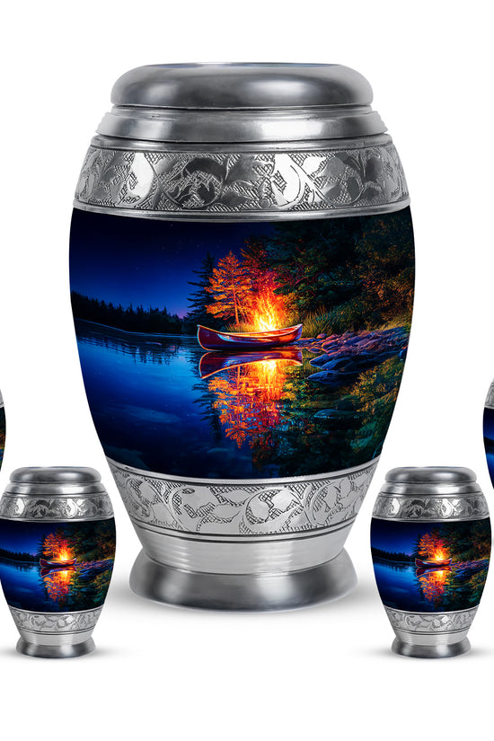 Sapphire Blue Campfire Cremation Urn detail view - royal campfire engraving with decorative scrollwork - memorial set with one large and four small urns