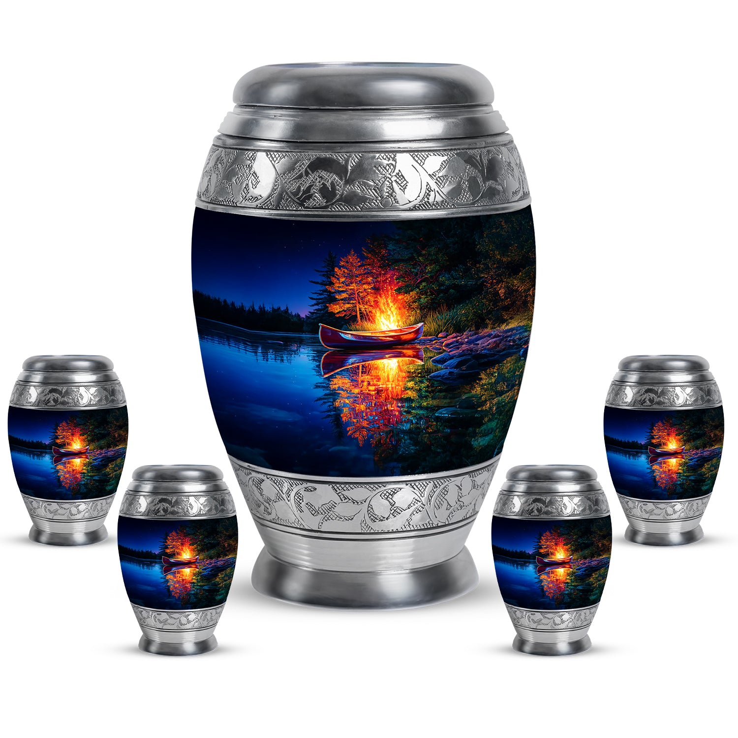 Sapphire Blue Campfire Cremation Urn detail view - royal campfire engraving with decorative scrollwork - memorial set with one large and four small urns
