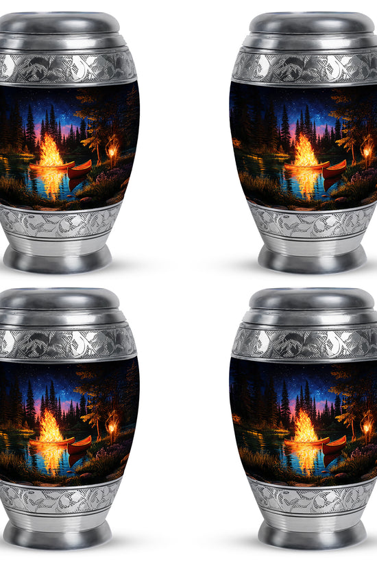 Onyx Black Campfire Cremation Urn urn with complimentary velvet bag - royal campfire engraving with decorative scrollwork - 10 inch aluminum urn for cremated remains