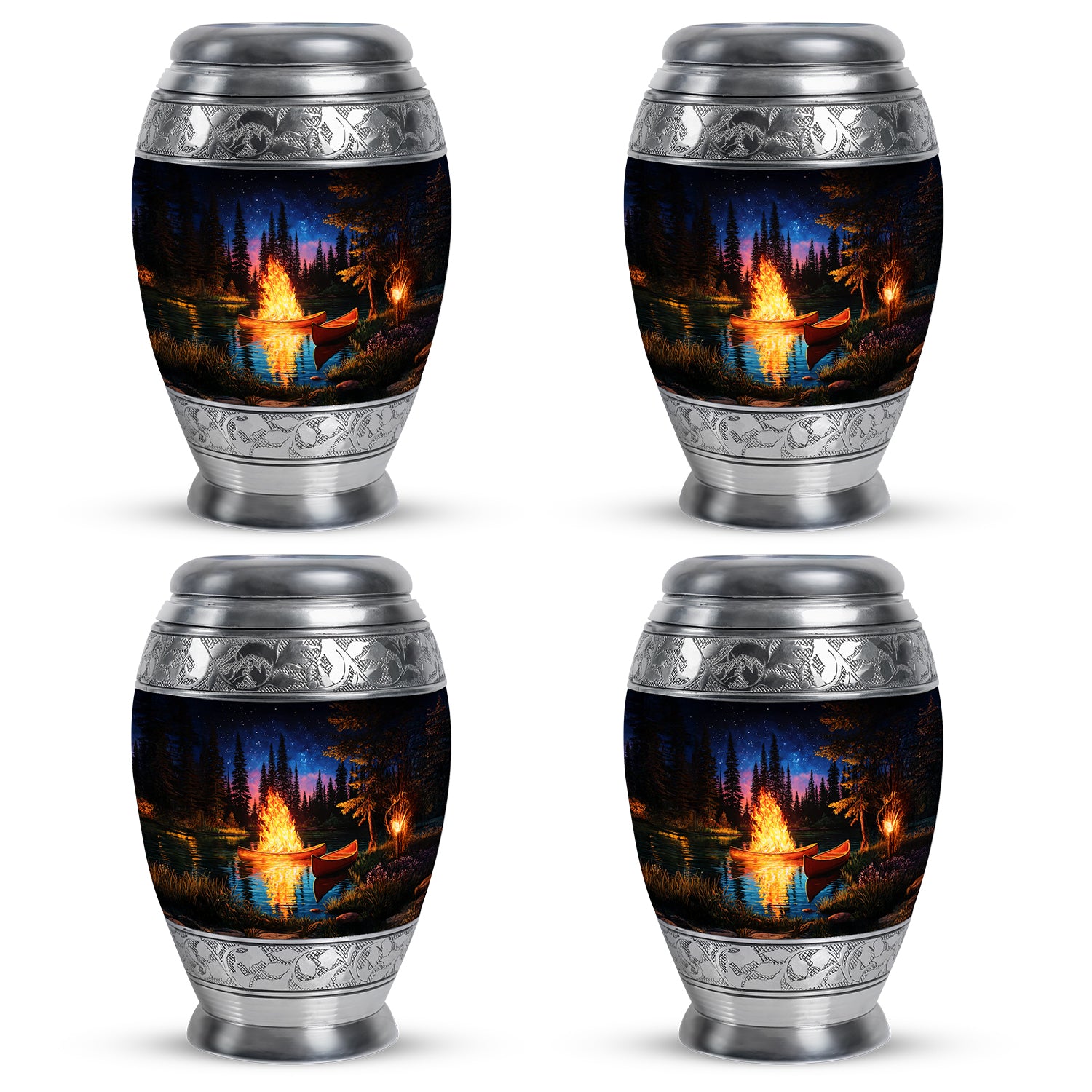 Onyx Black Campfire Cremation Urn urn with complimentary velvet bag - royal campfire engraving with decorative scrollwork - 10 inch aluminum urn for cremated remains