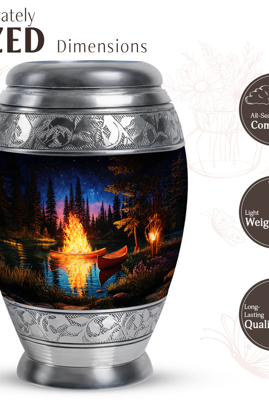 Deep Black Campfire Cremation Urn lifestyle display on memorial shelf - regal campfire design with crown-inspired accents - mini keepsake memorial for portion of cremation ashes