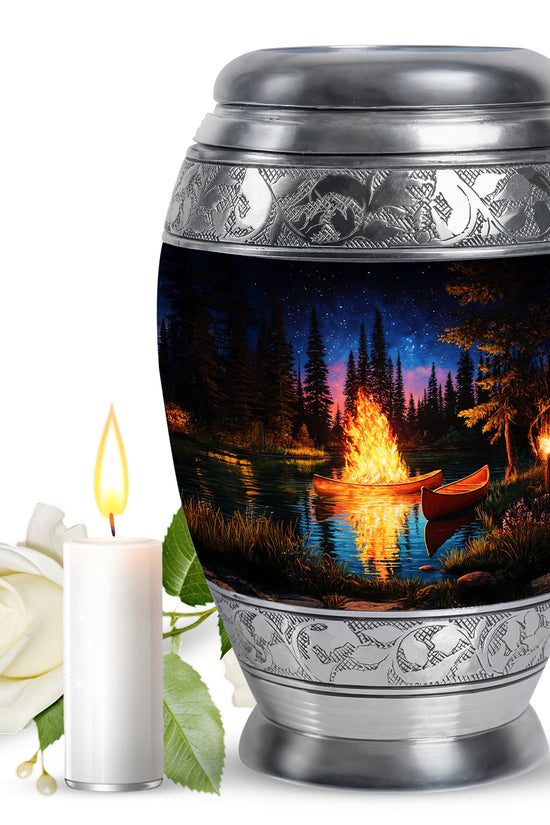 Midnight Black Campfire Cremation Urn back view with polished surface - majestic campfire pattern with filigree border - full-size 10 inch 200 cubic inch adult cremation urn