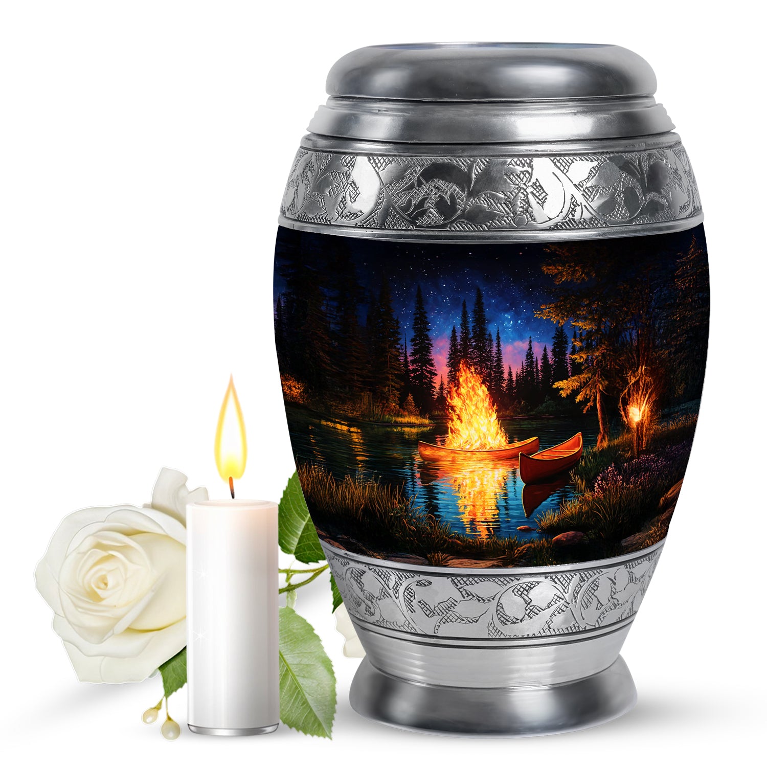 Midnight Black Campfire Cremation Urn back view with polished surface - majestic campfire pattern with filigree border - full-size 10 inch 200 cubic inch adult cremation urn