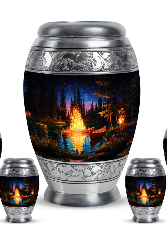 Ebony Campfire Cremation Urn detail view - regal campfire design with crown-inspired accents - memorial set with one large and four small urns