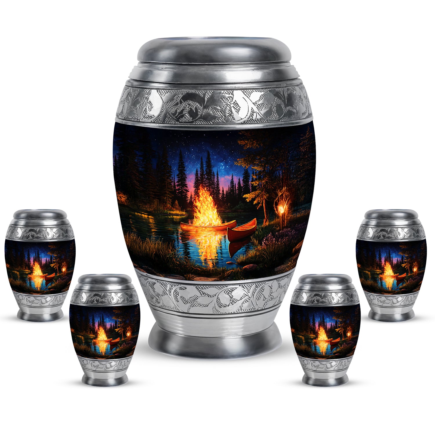 Ebony Campfire Cremation Urn detail view - regal campfire design with crown-inspired accents - memorial set with one large and four small urns
