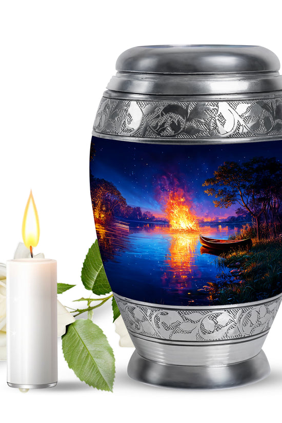 Personalized Blue Steadfast Campfire Cremation Urns for Human Ashes - 10-inch, 200 cu in - Karyliz
