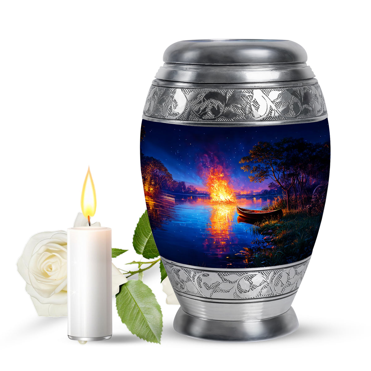 Personalized Blue Steadfast Campfire Cremation Urns for Human Ashes - 10-inch, 200 cu in - Karyliz