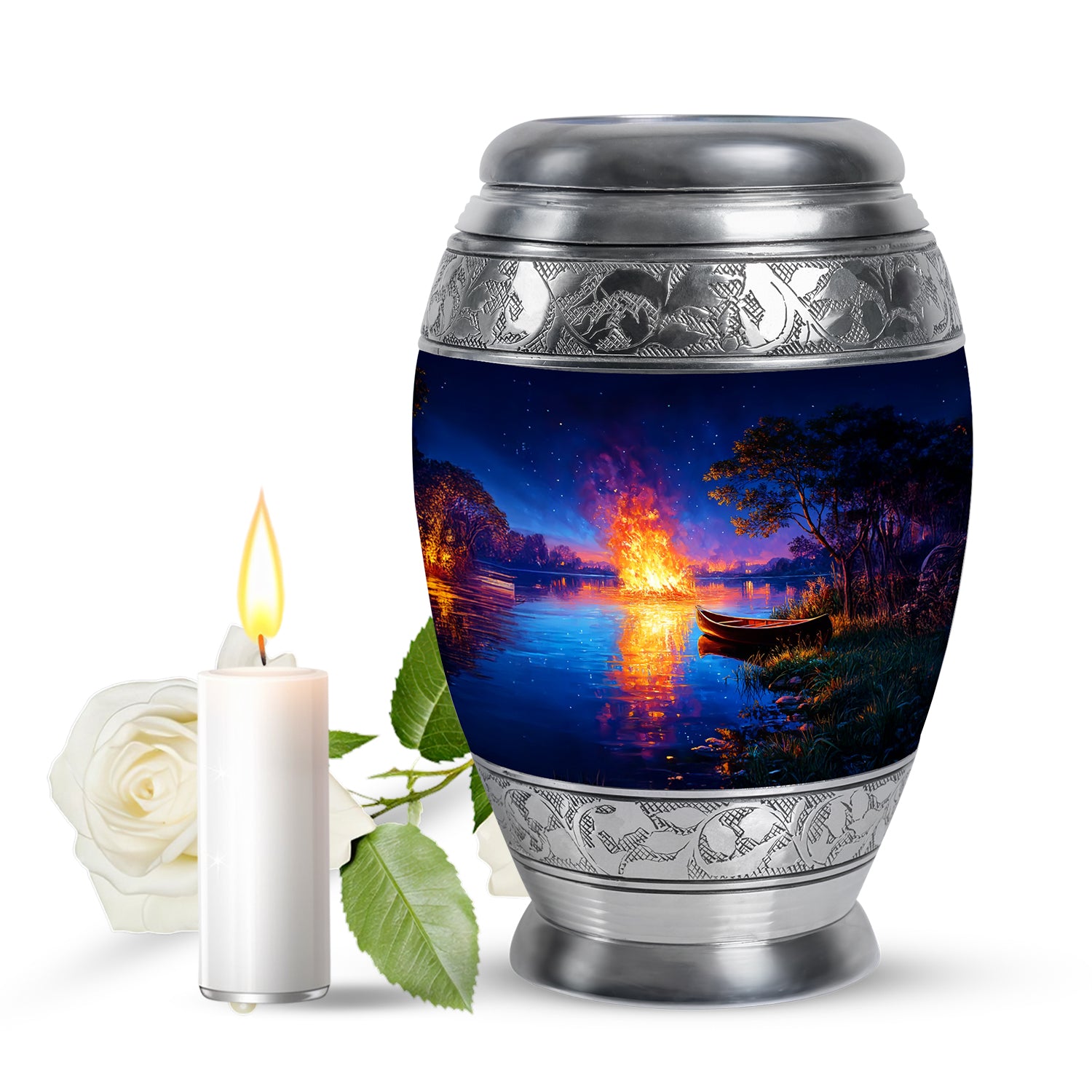 Personalized Blue Steadfast Campfire Cremation Urns for Human Ashes - 10-inch, 200 cu in - Karyliz