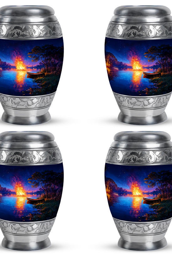 Vivid Blue Campfire Cremation Urn urn with complimentary velvet bag - royal campfire engraving with decorative scrollwork - 10 inch aluminum urn for cremated remains