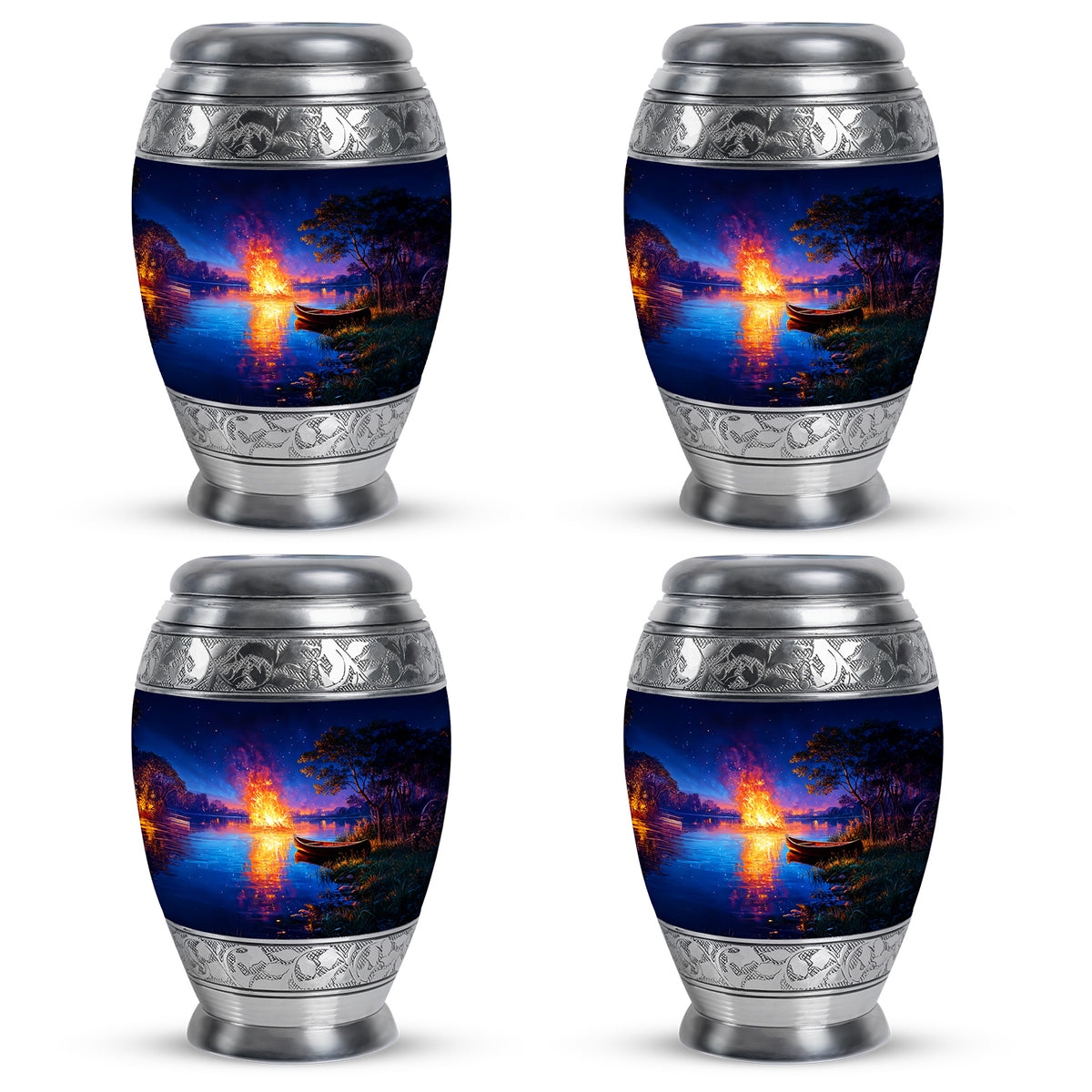 Vivid Blue Campfire Cremation Urn urn with complimentary velvet bag - royal campfire engraving with decorative scrollwork - 10 inch aluminum urn for cremated remains