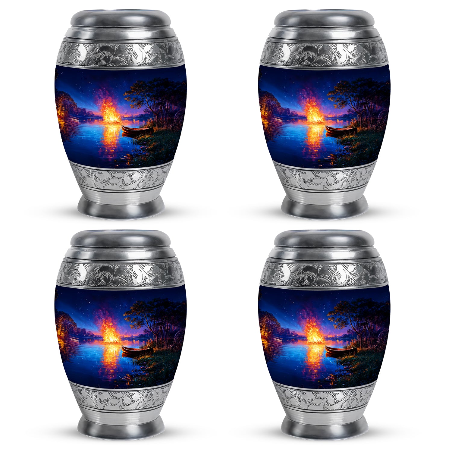 Vivid Blue Campfire Cremation Urn urn with complimentary velvet bag - royal campfire engraving with decorative scrollwork - 10 inch aluminum urn for cremated remains