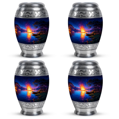 Vivid Blue Campfire Cremation Urn urn with complimentary velvet bag - royal campfire engraving with decorative scrollwork - 10 inch aluminum urn for cremated remains