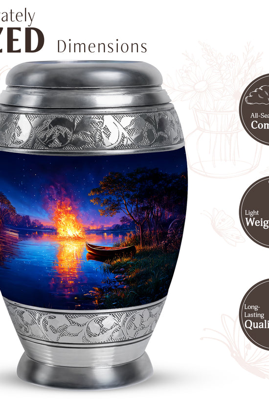 Slate Blue Campfire Cremation Urn lifestyle display on memorial shelf - regal campfire design with crown-inspired accents - mini keepsake memorial for portion of cremation ashes