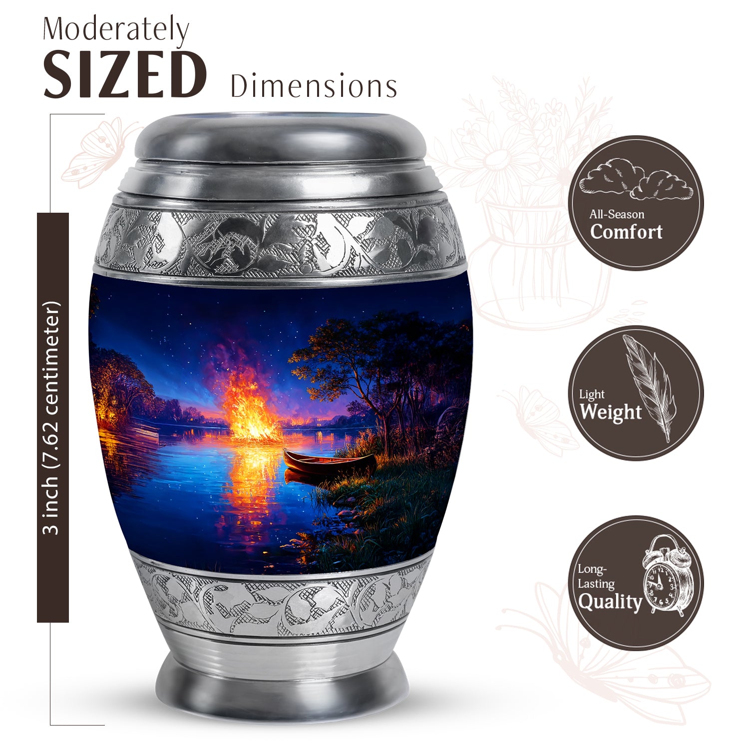 Slate Blue Campfire Cremation Urn lifestyle display on memorial shelf - regal campfire design with crown-inspired accents - mini keepsake memorial for portion of cremation ashes