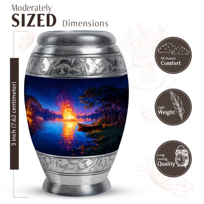 Slate Blue Campfire Cremation Urn lifestyle display on memorial shelf - regal campfire design with crown-inspired accents - mini keepsake memorial for portion of cremation ashes