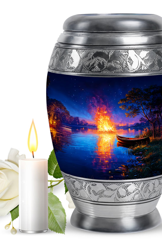 Pastel Blue Campfire Cremation Urn back view with polished surface - ornate monarch-style campfire relief on brushed aluminum - full-size 10 inch 200 cubic inch adult cremation urn