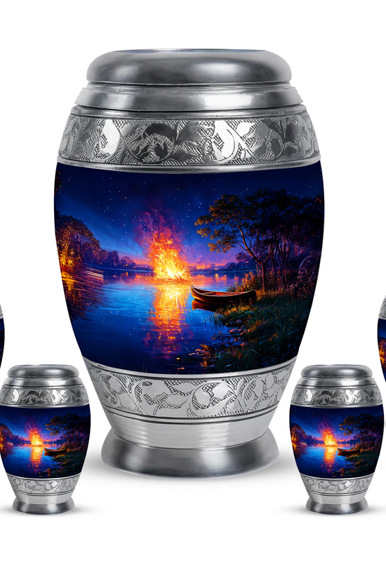 Cobalt Blue Campfire Cremation Urn detail view - royal campfire engraving with decorative scrollwork - memorial set with one large and four small urns