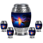 Cobalt Blue Campfire Cremation Urn detail view - royal campfire engraving with decorative scrollwork - memorial set with one large and four small urns