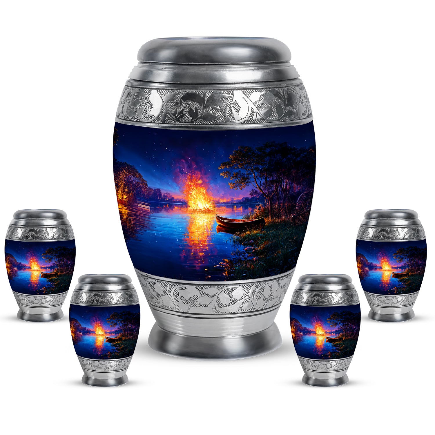 Cobalt Blue Campfire Cremation Urn detail view - royal campfire engraving with decorative scrollwork - memorial set with one large and four small urns