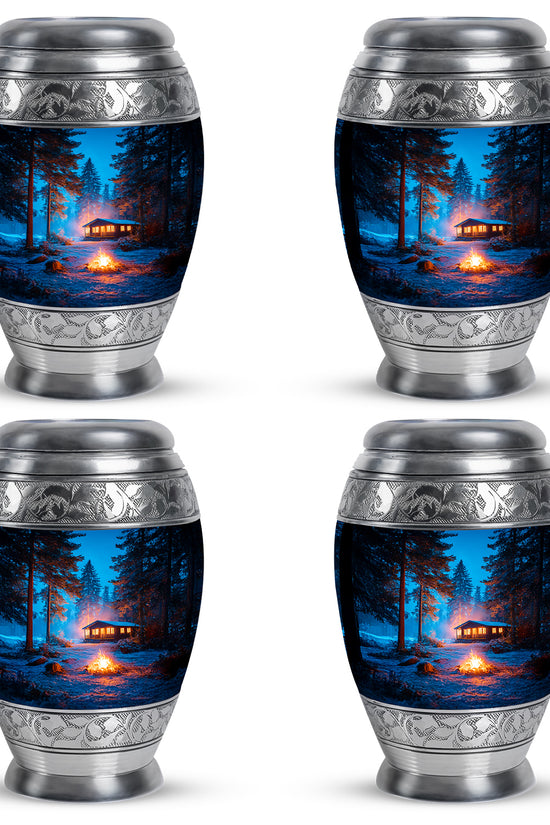Pastel Blue Campfire Cremation Urn urn with complimentary velvet bag - ornate monarch-style campfire relief on brushed aluminum - 10 inch aluminum urn for cremated remains