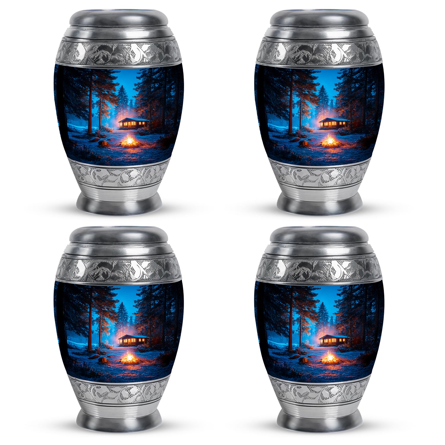 Pastel Blue Campfire Cremation Urn urn with complimentary velvet bag - ornate monarch-style campfire relief on brushed aluminum - 10 inch aluminum urn for cremated remains