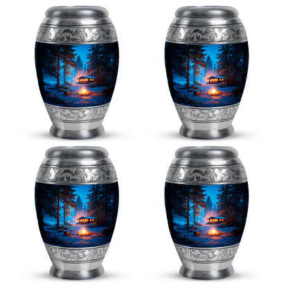 Pastel Blue Campfire Cremation Urn urn with complimentary velvet bag - ornate monarch-style campfire relief on brushed aluminum - 10 inch aluminum urn for cremated remains