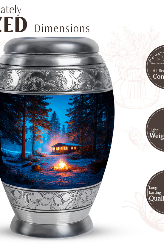 Calming Blue Campfire Cremation Urn lifestyle display on memorial shelf - majestic campfire pattern with filigree border - mini keepsake memorial for portion of cremation ashes