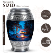 Calming Blue Campfire Cremation Urn lifestyle display on memorial shelf - majestic campfire pattern with filigree border - mini keepsake memorial for portion of cremation ashes