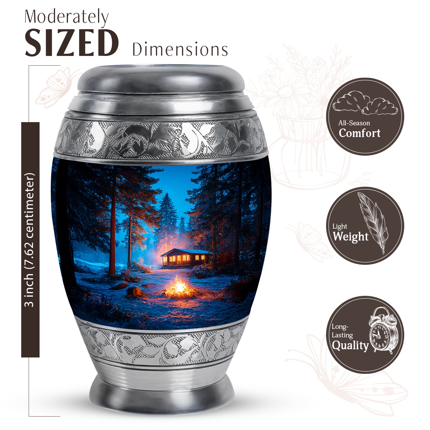 Calming Blue Campfire Cremation Urn lifestyle display on memorial shelf - majestic campfire pattern with filigree border - mini keepsake memorial for portion of cremation ashes